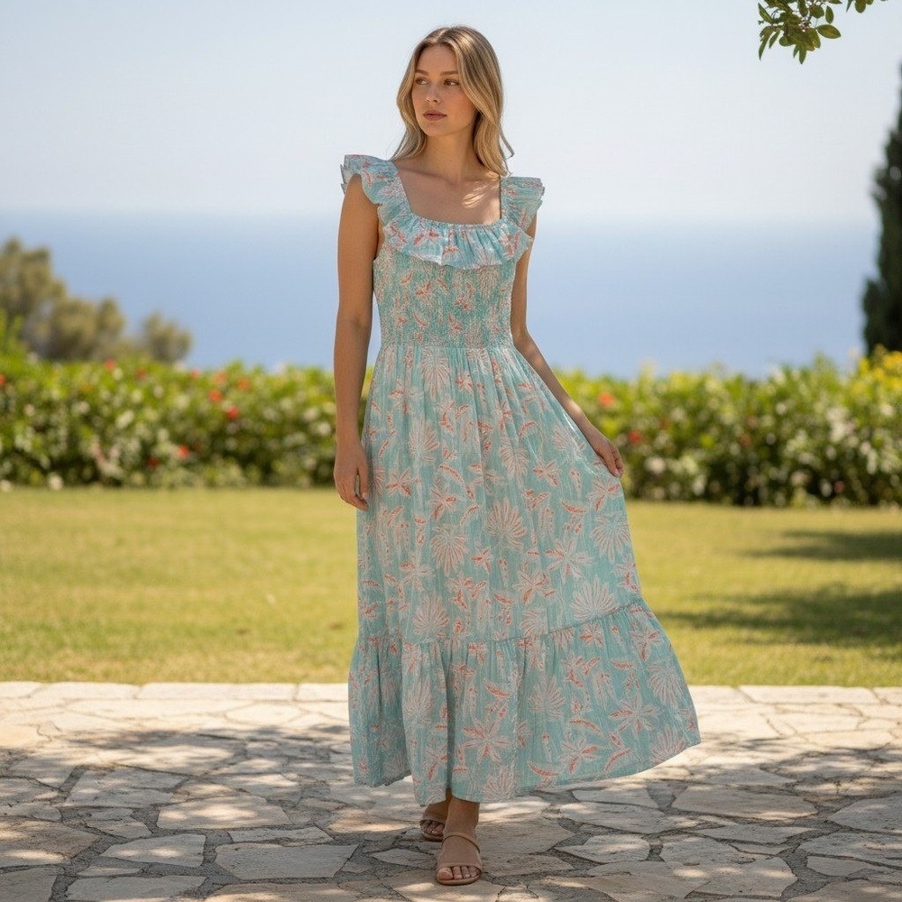 Vineyard Vines Mint Green Floral Ruffle Maxi Dress